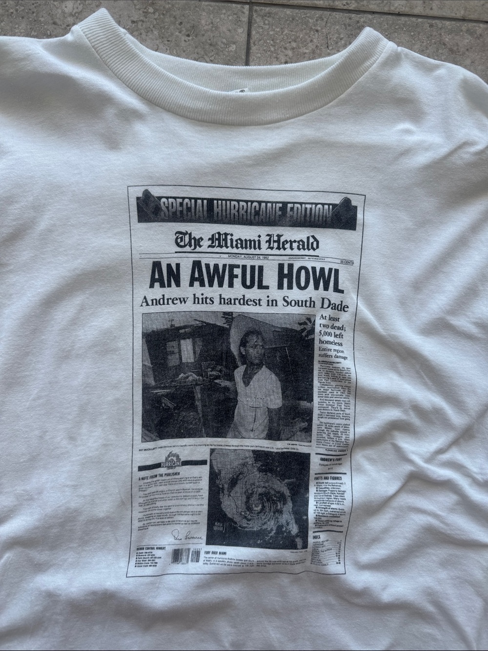 1992 Hurricane Andrew Miami Herald front page vintage tshirt. An Awful Howl